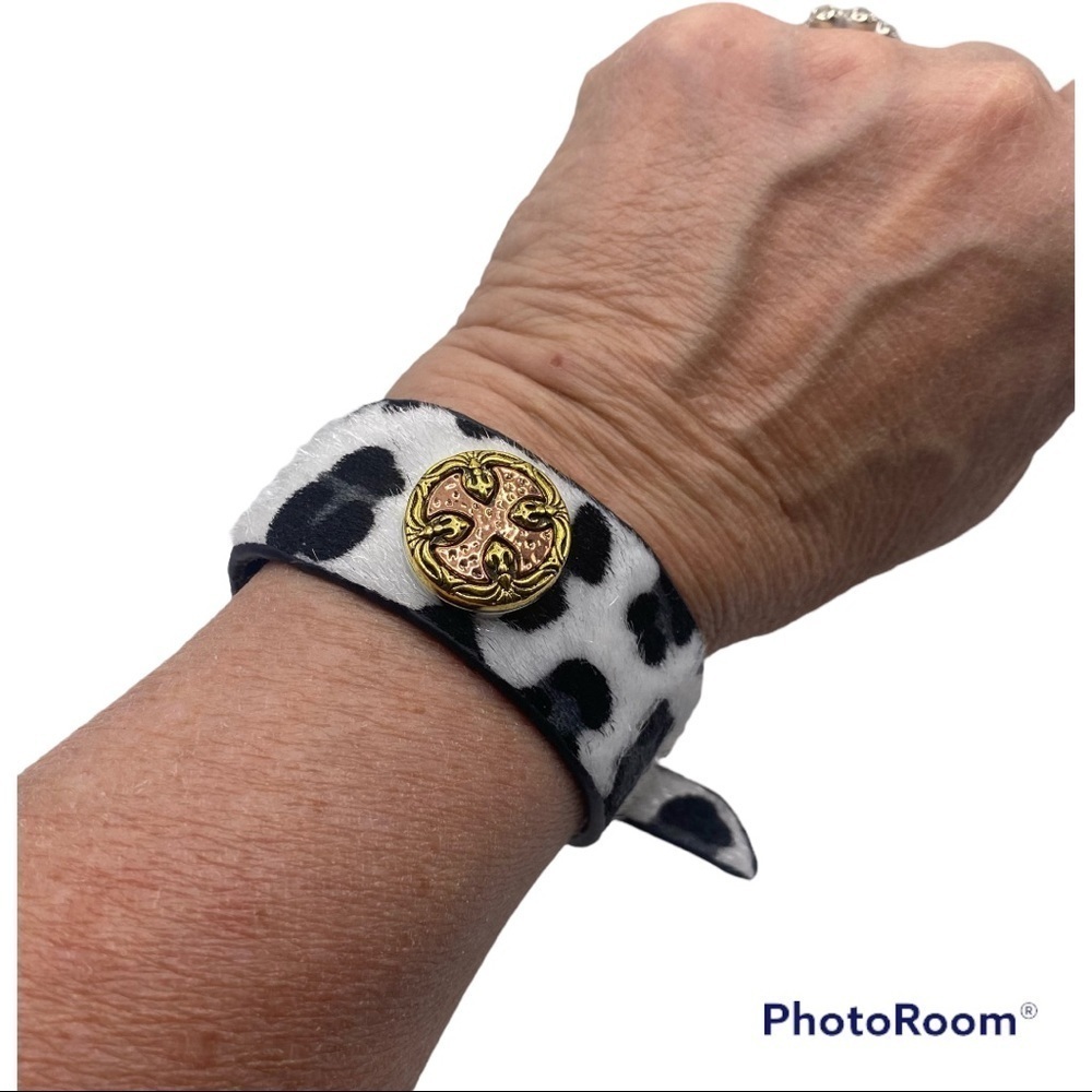 Fun Faux Cow Hide Animal Print Snap Bracelet Two Tone Brass Celtic Cross!